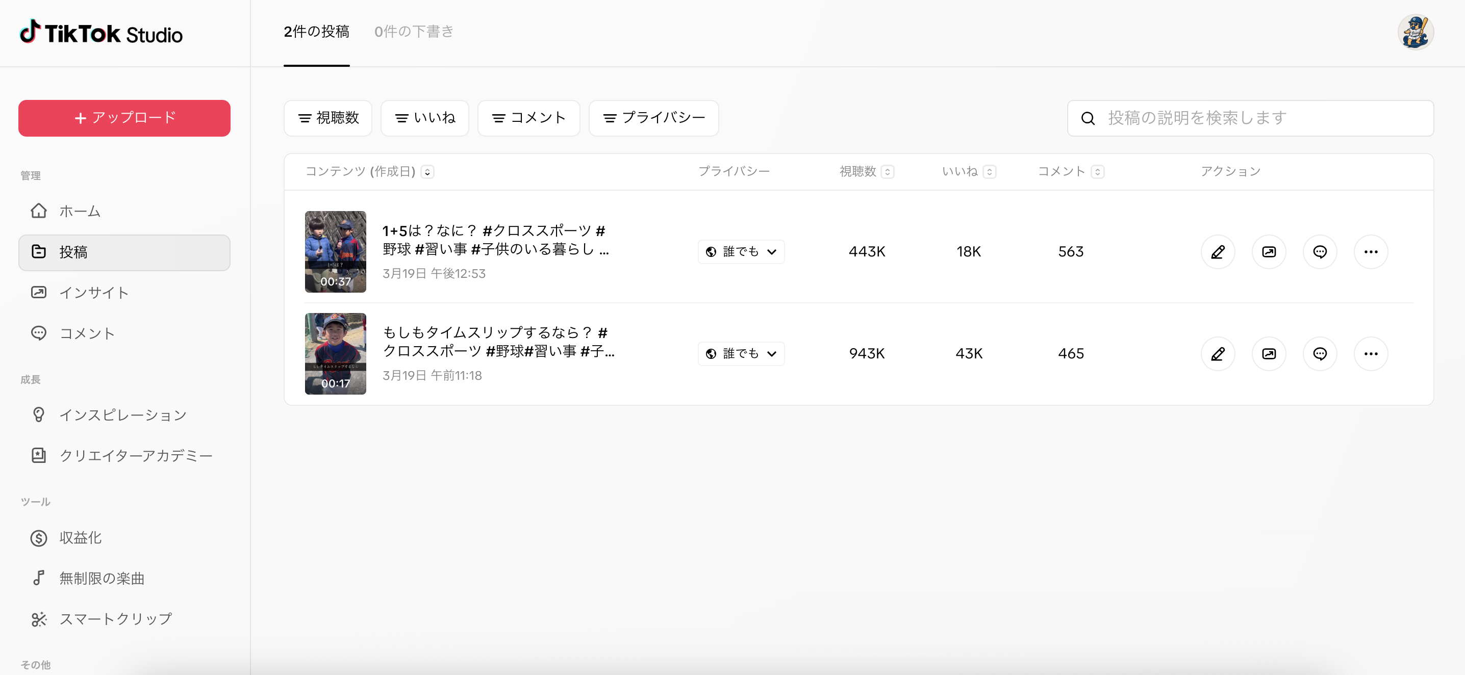 クロスポーツTikTok運用実績データ